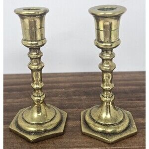 Vtg Pair Brass Candlestick Baluster Form Faceted Screw Hexagonal Base 3.5"
